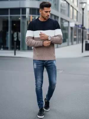 Pánský svetr DSTREET WX2321 BÉŽOVÁ/TMAVĚ MODRÁ