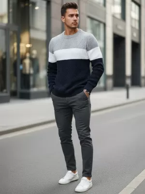 Pánský svetr DSTREET WX2320 TMAVĚ MODRÁ/SVĚTLE ŠEDÁ